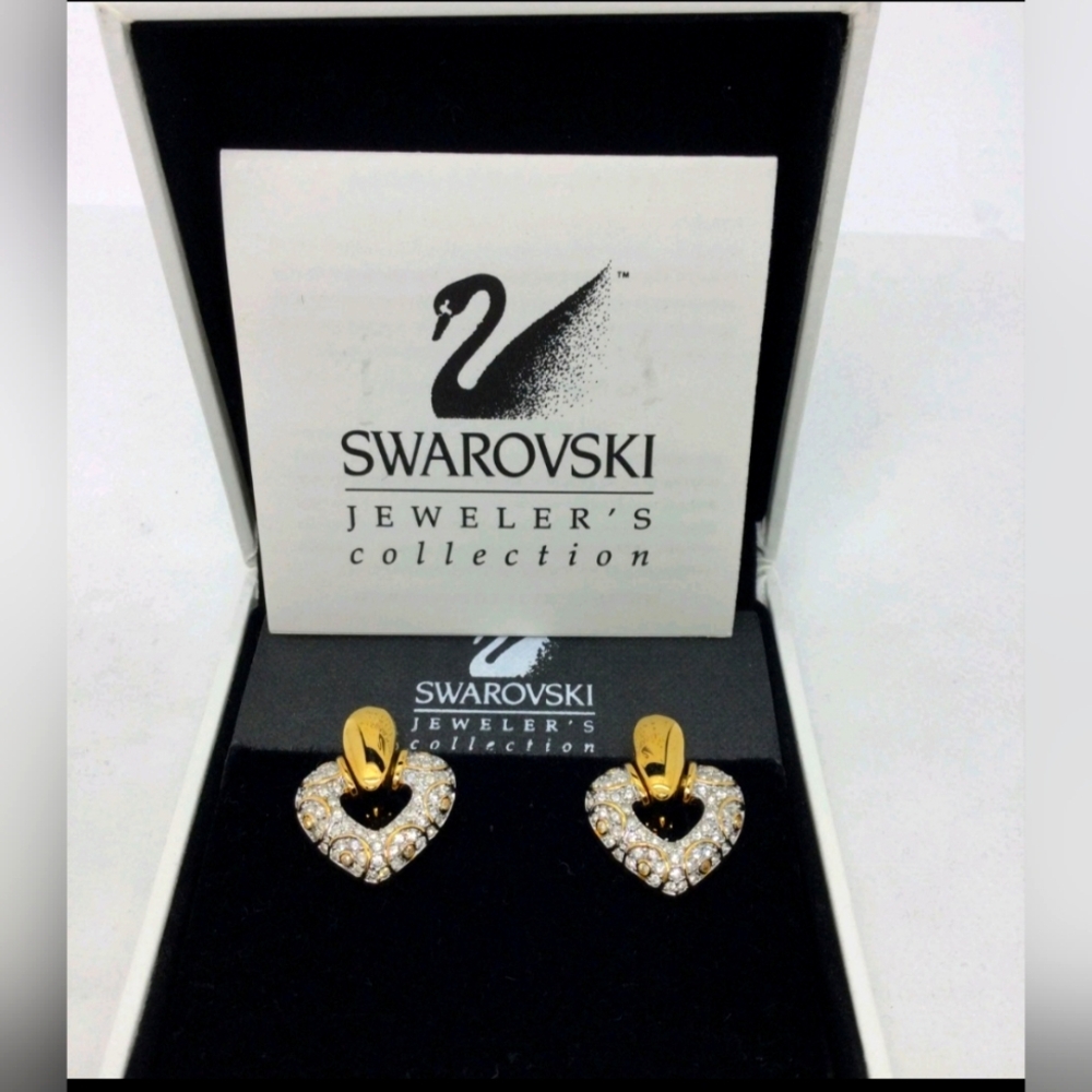 Vintage Swarovski Goldtone Pave Heart Clip on Earrings